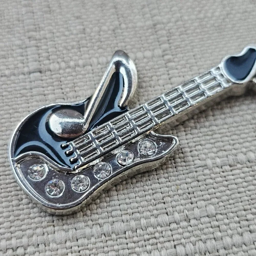 Guitar Keychain Silver/Black Tone Metal Keys Holder Crystal Accent Key Chain